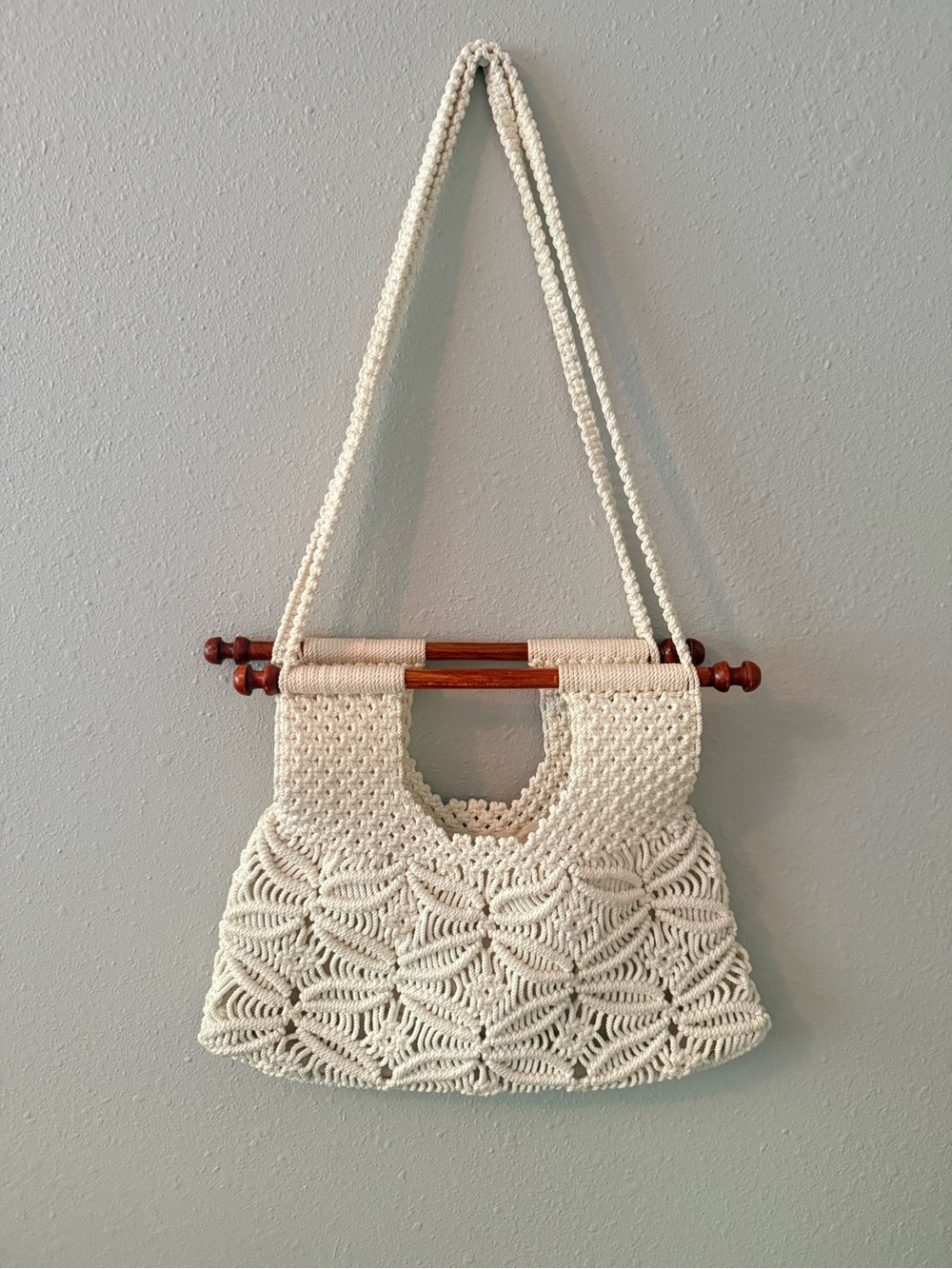 Vintage Macrame Crochet Bag with Wooden Dowels